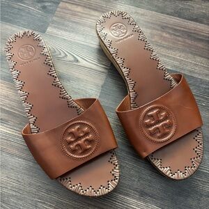 Tory Burch Patty Cognac Leather Wooden Wedge Platform Slide Sandal Size 7.5M